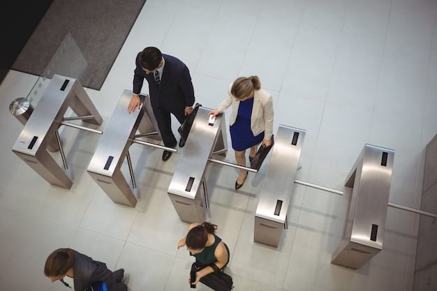 An airport security checkpoint featuring automated lanes where passengers are independently preparing their belongings while TSA officers monitor the process.