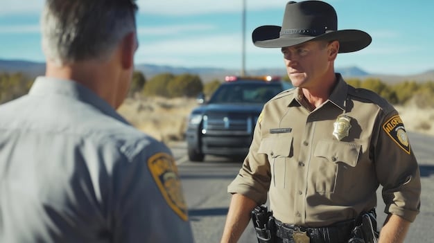 A group of US Border Patrol agents conducting a vehicle inspection at a border crossing. The image illustrates the meticulous processes and security measures used during border control operations. There are several vehicles lined up waiting to be inspected.