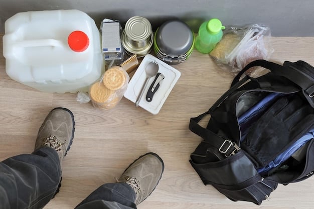A well-organized emergency kit with water bottles, non-perishable food, a first-aid kit, and a flashlight, emphasizing the importance of being prepared for a hurricane.