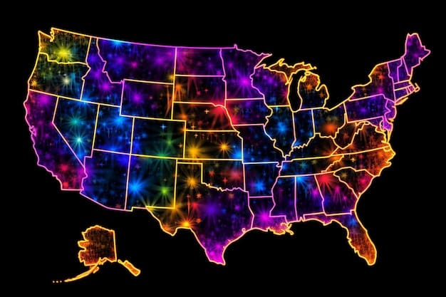 A brightly colored map of the United States highlighting popular travel destinations such as Orlando, Las Vegas, and New York City, showing flight paths connecting them.