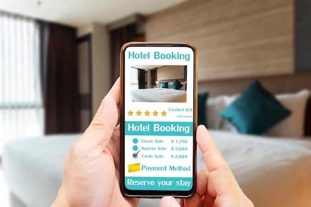 A close-up shot of a hotel booking confirmation screen on a mobile phone, highlighting loyalty points earned and benefits listed. The background is blurred to focus on the phone screen.