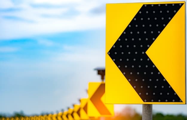 A close-up shot of a road construction sign indicating lane closures ahead. The sign should be prominent and easily readable, with the words 