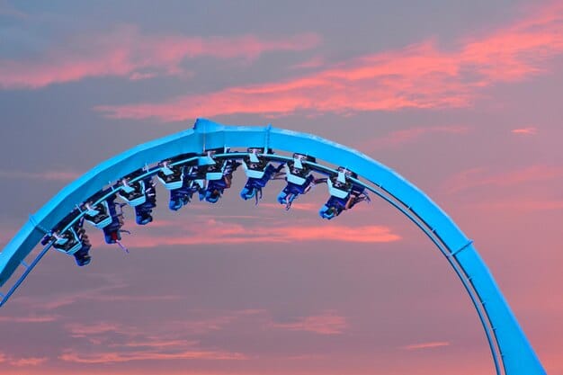 A concept art rendering of a new, high-speed roller coaster winding through a futuristic landscape in a theme park.