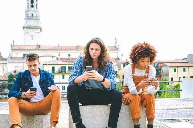 A family of international tourists using a mobile app to find nearby attractions and read reviews, set against the backdrop of a historic US city street.