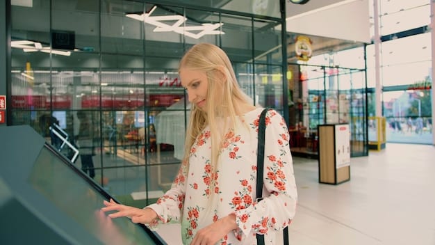 Interior of a modernized airport terminal, showing passengers using self-check-in kiosks, with clear signage and spacious waiting areas.