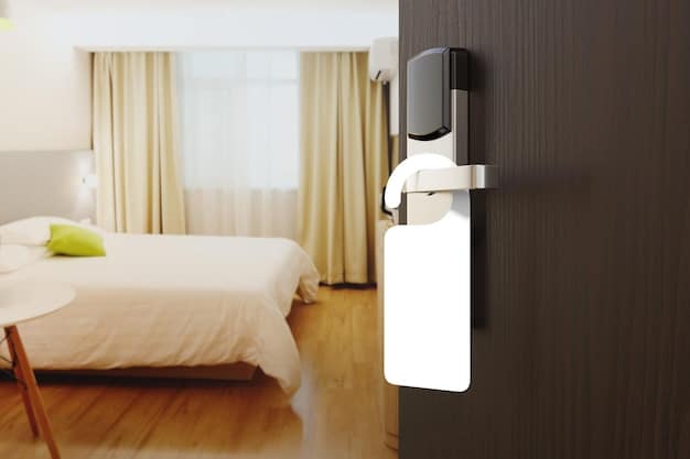 A close-up image showing a hotel room door with a state-of-the-art multi-factor authentication system. The door has a fingerprint scanner, a keypad, and a traditional key slot, all integrated into a sleek, modern design.