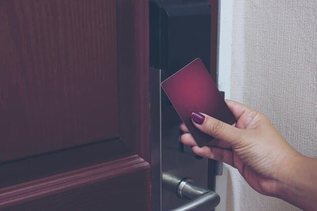 An image showing a locked hotel safe with a passport and credit cards inside, suggesting the importance of securing valuables in hotel rooms to prevent travel ID theft.