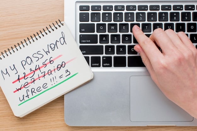 A close-up of a laptop screen showing a strong password being created, with hints of complex characters and numbers. The background is a blurred image of travel documents, indicating preparation for a trip.