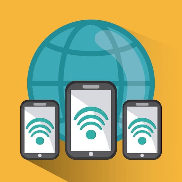 An illustration of a smartphone connecting to a public Wi-Fi network symbol (a generic wifi icon), but with a VPN icon overlayed, showing a secure tunnel being established to protect the data.