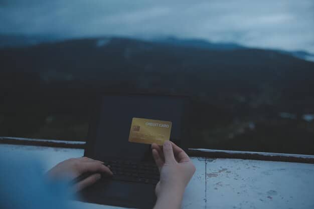 A close-up of a credit card being used on a laptop with a secure payment gateway displayed. The scene emphasizes the importance of using secure websites and payment methods when booking travel online.