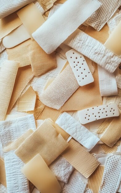 A close-up of various sizes and types of bandages and dressings, including sterile gauze pads, adhesive bandages, and blister treatment pads, alongside antiseptic wipes and tape.