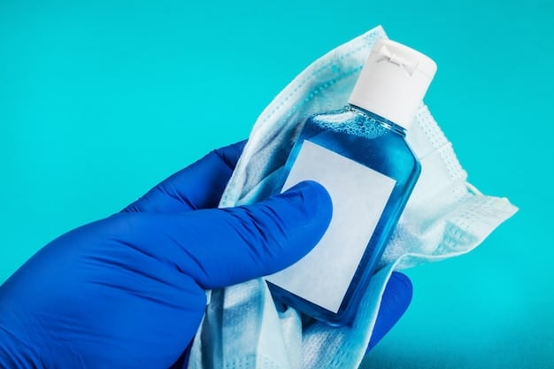 A detailed shot of antiseptic solutions and wipes, including detailed instructions on usage and safety precautions, alongside cotton swabs and medical gloves.