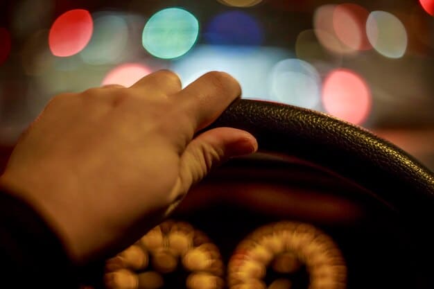 A driver’s hands are firmly gripping the steering wheel of a car. The focus is on the road ahead, which shows a clear highway with other vehicles maintaining a safe distance. The dashboard is visible with minimal distractions, emphasizing attentiveness and safe driving practices.