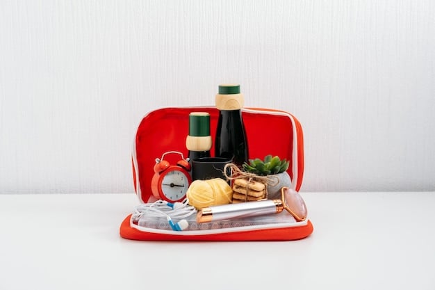 A well-organized travel emergency kit laid out on a table, containing items such as a flashlight, first-aid supplies, water bottles, non-perishable food, a whistle, a map, and a portable charger.