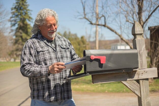 A friendly neighbor collecting mail from the mailbox of a suburban home. The neighbor is smiling and waving towards the camera, while the house has a well-maintained lawn and visible security features.