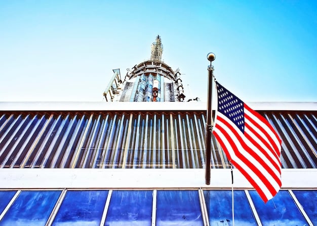 The American flag waving outside a US embassy building in a foreign country, symbolizing assistance and protection for US citizens abroad.