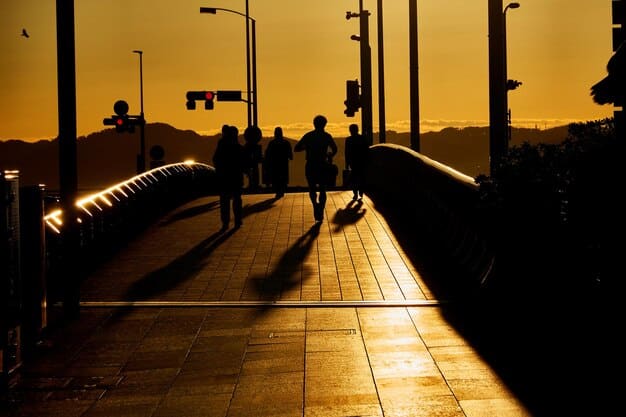 A dimly lit photo of a border crossing at night, focusing on faces of people in transit who look afraid or uncertain, with a sign in the background indicating international travel.