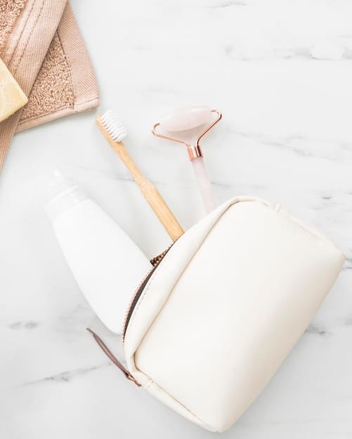 Close-up of a small, clear toiletry bag containing travel-sized shampoo, conditioner, and lotion bottles. The bag is placed on a bathroom counter next to a toothbrush and toothpaste.