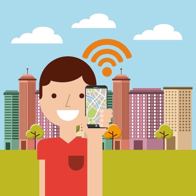 A person using a smartphone with a map app showing nearby Wi-Fi hotspots marked with Wi-Fi symbols. The background includes a vibrant cityscape with recognizable landmarks.