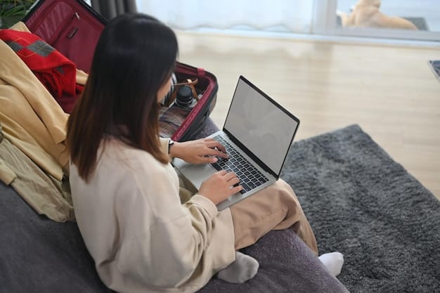 A person using a laptop to compare travel insurance policies online. The scene is set in a bright and modern home office.