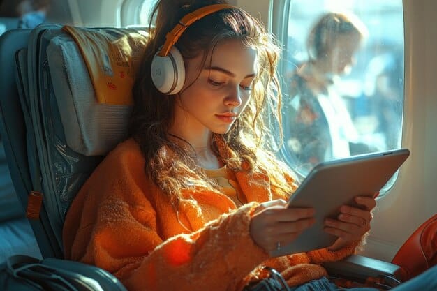 A cozy scene of a US traveler on a long-haul flight, comfortably seated with noise-canceling headphones, engrossed in watching a movie on a tablet using the Netflix app.