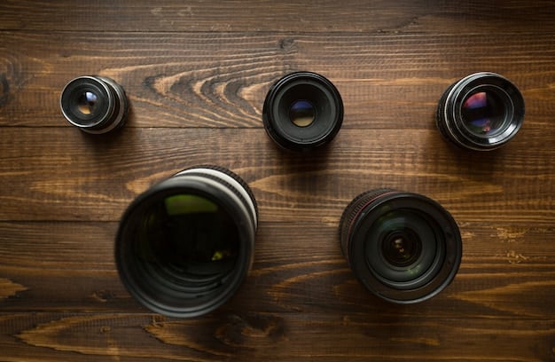 A close-up shot of various camera lenses arranged on a table, including wide-angle, telephoto, and prime lenses. Each lens is labeled with its specifications, and the background is blurred to focus on the lenses.