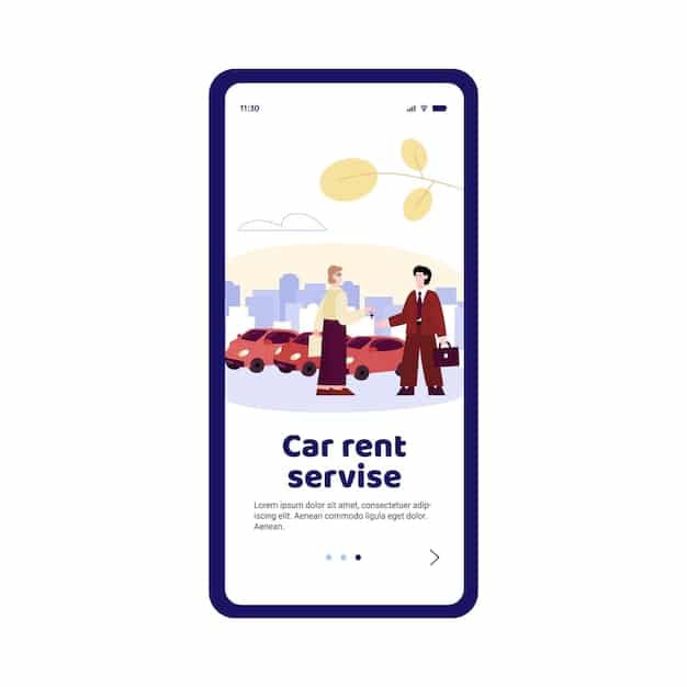 A smartphone displaying a car rental comparison app, showing different car models, rental companies, and prices. The surrounding environment suggests a traveler in an airport or hotel lobby..