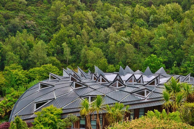 The exterior of a modern eco-resort nestled in a lush forest, featuring sustainable architecture, solar panels, and rainwater harvesting systems, showcasing a commitment to environmental conservation and responsible tourism.