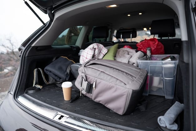 An organized car trunk showcasing efficient packing for a road trip. Lightweight luggage is neatly arranged, and there are no loose or unnecessary items in sight. The scene suggests preparation and smart travel habits.