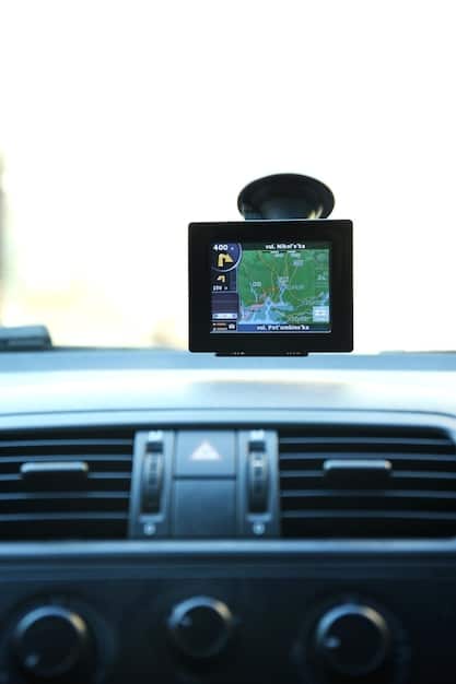 A dashboard view of a car with a GPS navigation system displaying a detailed map of the surrounding area. The screen is bright and clear, showing upcoming turns and points of interest.
