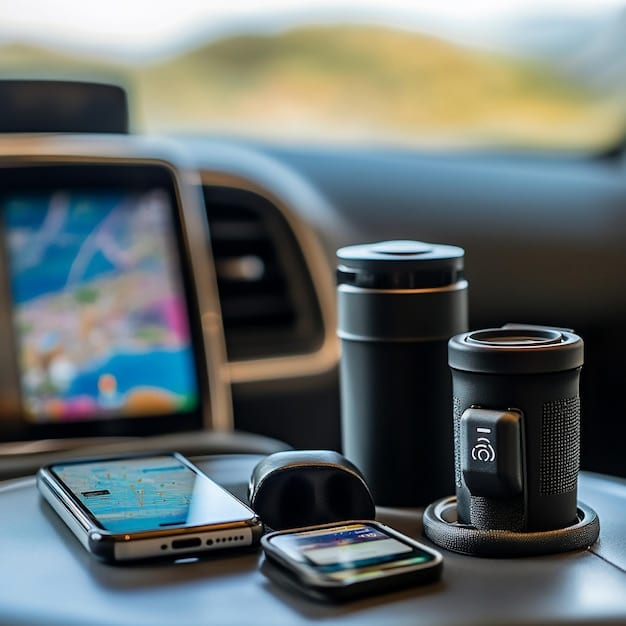 A car's dashboard featuring a smartphone mounted for navigation, a portable charger, and a cup holder with a beverage.