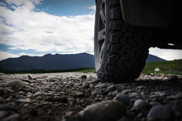 A car with all-terrain tyres tackling a gravel road with mountains in the background. Bright daylight conditions emphasize the ruggedness of the vehicle and the tyres grip on the loose gravel