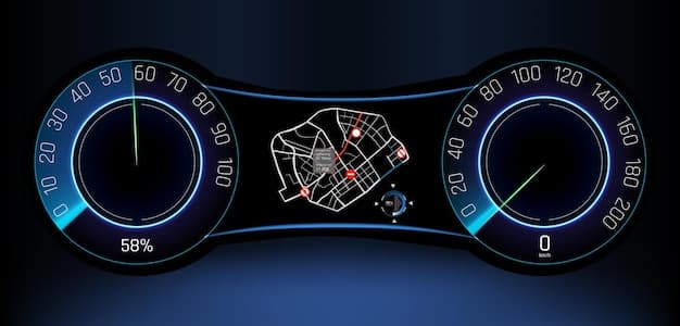 A digital dashboard displaying a car's navigation system with a pre-planned route highlighted, set against a sunny, open highway, with a family's silhouette visible inside the car, suggesting a well-planned and safe road trip.