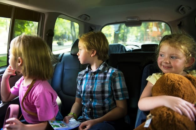 Children playing a travel-sized board game in the backseat of a car, with seatbelts on and smiles on their faces. The sun is shining through the car window, creating a cheerful atmosphere.