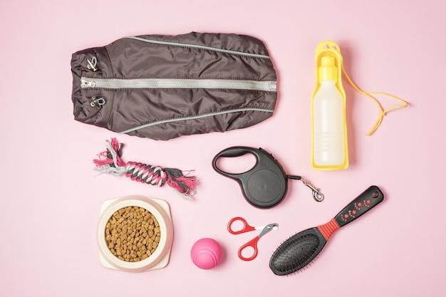 A pet travel kit laid out on a blanket, including items such as food and water bowls, a leash, waste bags, pet-safe sunscreen, a first-aid kit, and a favorite toy. The scene is set outdoors with natural light, emphasizing preparedness for a pet road trip.