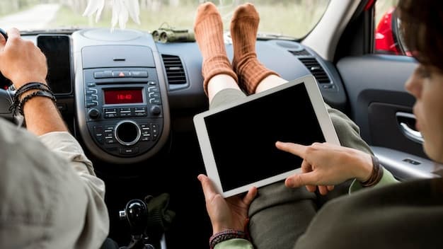 A car dashboard featuring a navigation app on the infotainment screen, displaying a route with points of interest marked. A tablet is mounted on the backseat, playing a movie for passengers.