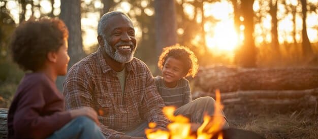 A multi-generational family (grandparents, parents, and children) laughing together while sitting around a campfire at a national park in the US. They are roasting marshmallows and sharing stories, showcasing the joy and connection of multi-generational travel.