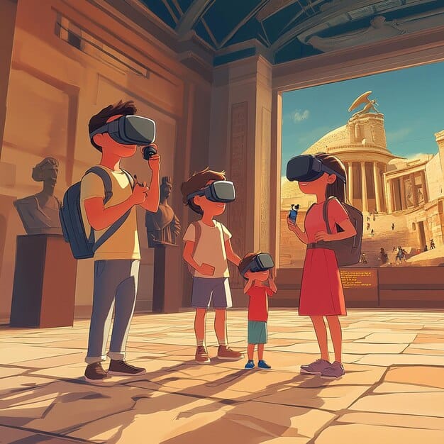 A family using a augmented reality app on their tablets to explore a historical landmark in the US. The app overlays historical information and interactive elements onto the real-world view, enhancing their learning and engagement with the site.