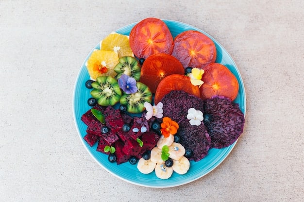 A close-up shot of fresh, colorful fruits and vegetables arranged artfully on a plate at a wellness retreat, emphasizing healthy eating and nutrition.