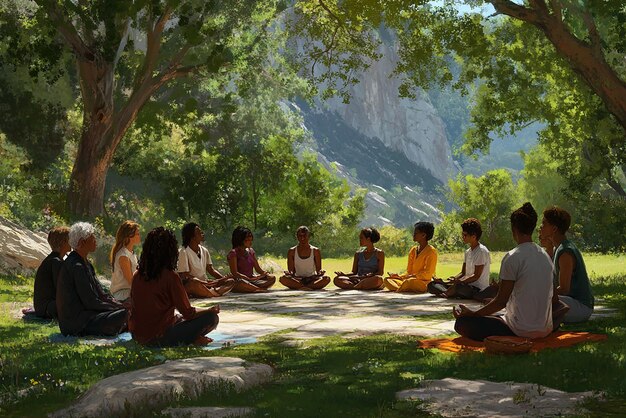 A group of people meditating outdoors in a circle at a wellness retreat, with a backdrop of mountains and trees, symbolizing community and connection with nature.