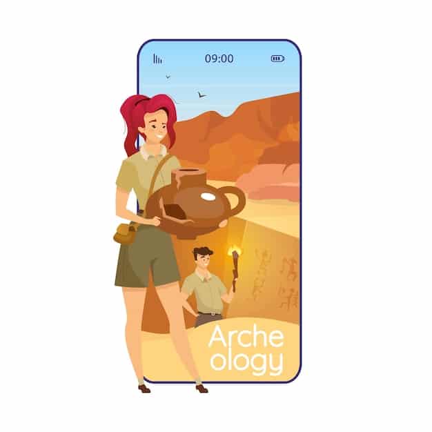 A traveler using a smartphone app with augmented reality overlay to learn about the history and culture of a US landmark. The app displays historical facts and 3D models blended with the real-world view.