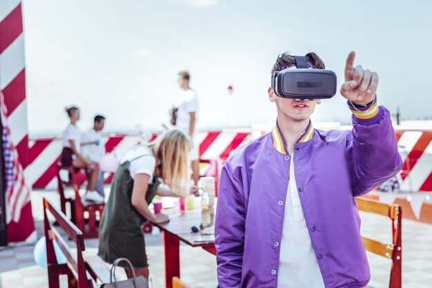 A traveler wearing a VR headset experiencing a historical event at a US landmark. The VR experience shows a realistic reenactment of the historical event, immersing the user in the past.