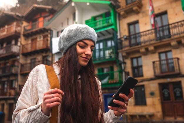 A Gen Z traveler using a smartphone app to navigate in a foreign city, with street food vendors and modern architecture in the background.