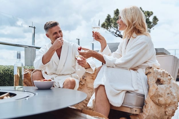 A Boomer couple relaxing on a serene beach, sipping cocktails with a luxurious resort in the background, representing relaxation and comfort.
