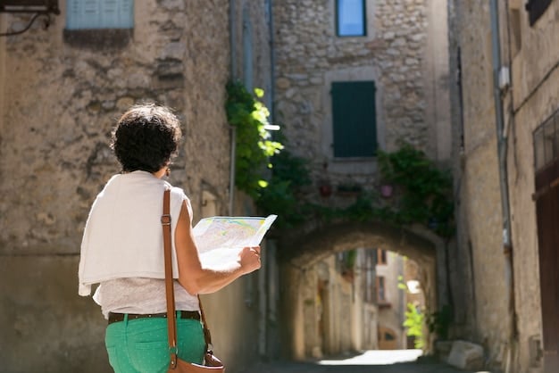 A person standing in front of a historic site, deeply engrossed in reading a travel guide. The site should have a cultural and historical significance.