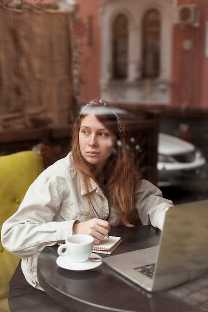 A young woman sitting alone at a cafe in New Orleans, enjoying a cup of coffee and using her laptop. The scene is set during the daytime, with natural light and a vibrant, urban atmosphere.