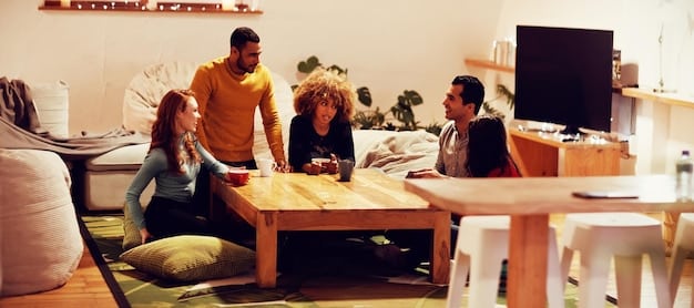 A modern hostel common room with several solo travelers interacting with each other. The room is brightly lit and features comfortable seating, a library, and a communal kitchen.