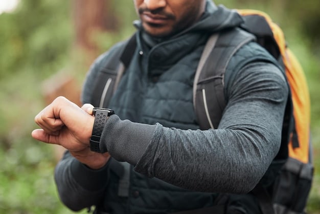 A close-up shot of a hiker using a GPS smartwatch to navigate a mountain trail. The smartwatch displays detailed topographic maps and real-time data on altitude, distance, and weather conditions. The hiker is focused and determined, showcasing the role of technology in enhancing outdoor exploration.