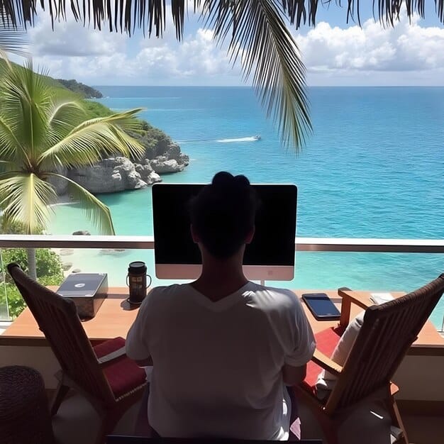 A modern co-working space located in a tropical destination, showing people working on laptops with palm trees visible through the windows, illustrating the integration of work and travel.