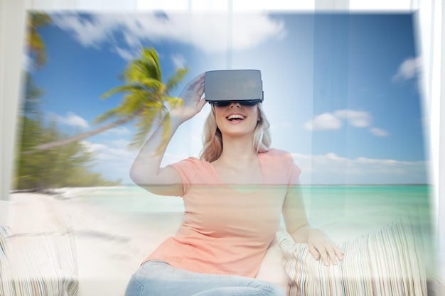 A travel agent using a virtual reality headset to showcase a travel destination to a customer in a modern office setting. The scene emphasizes the use of VR technology in travel planning and customer engagement.